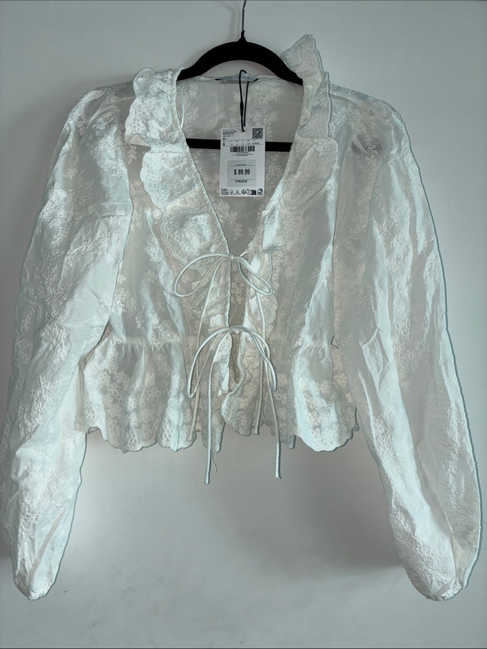 NEW WITH TAG- Mango White Ruffled Tie-Front Lace Blouse